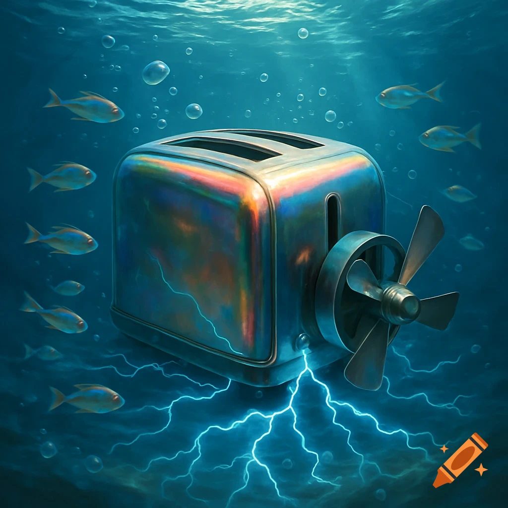 A metallic toaster with a propeller submerged underwater, emitting blue lightning, surrounded by fish and bubbles.