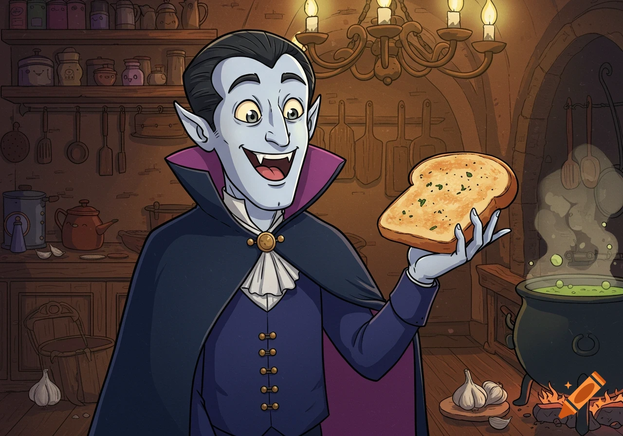 A smiling cartoon vampire, wearing a cape, holds a slice of garlic toast in a rustic kitchen with a bubbling cauldron.