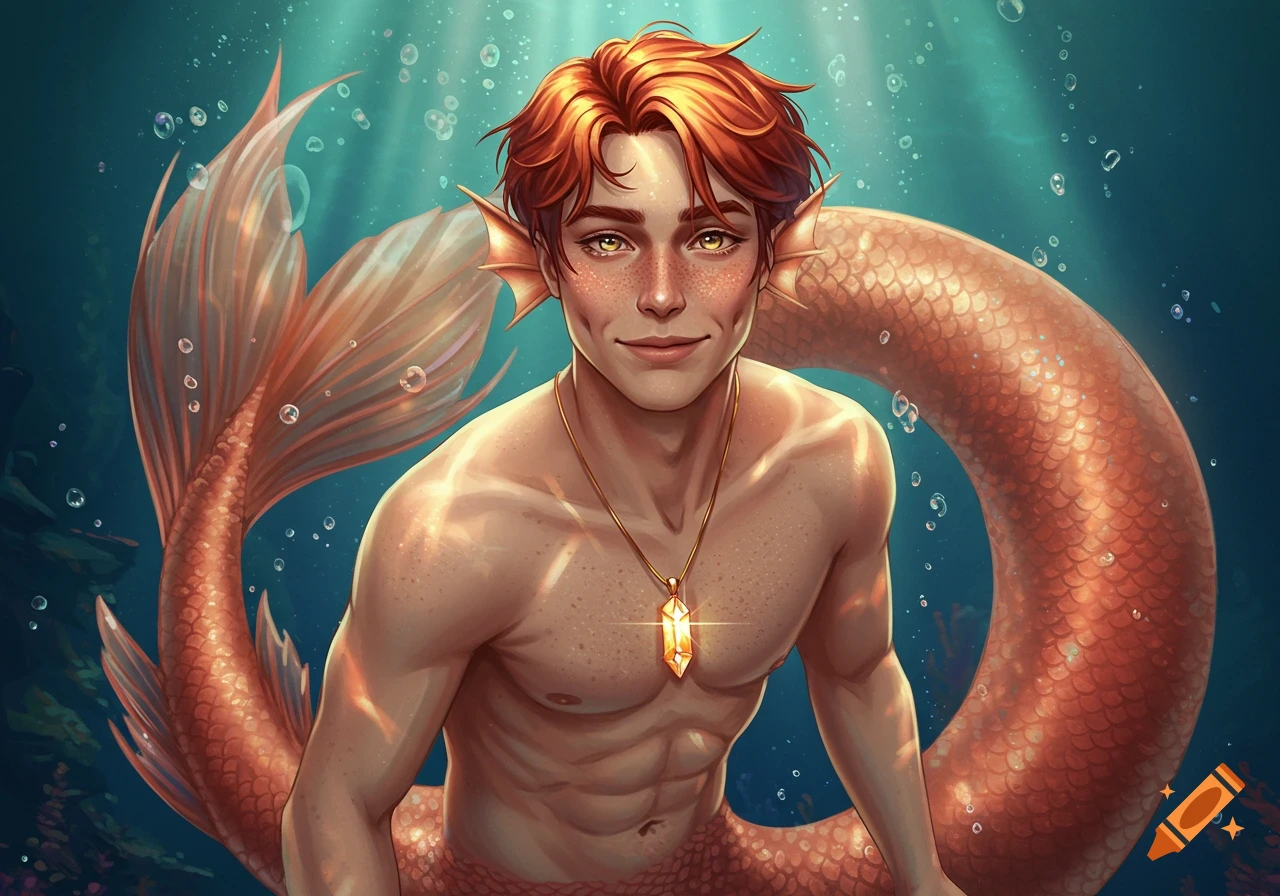 A handsome merman with red hair, freckles, and a shimmering copper fishtail smiles underwater, wearing a crystal pendant.