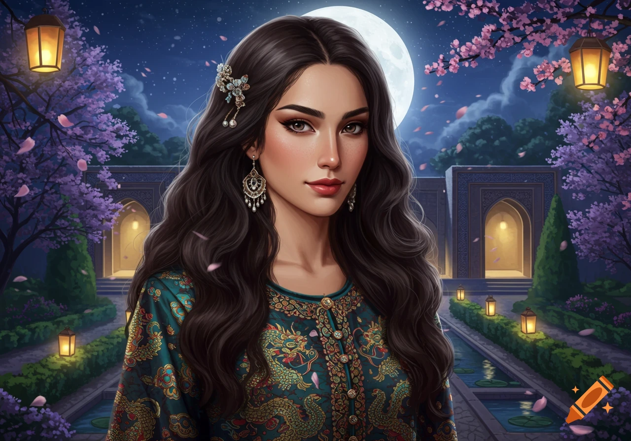 A woman with dark hair in an ornate teal dress stands in a moonlit garden with flowering trees and lanterns.
