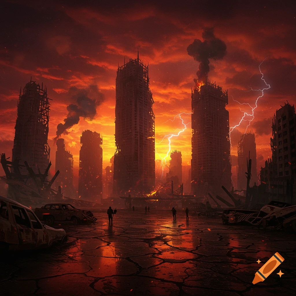 A ruined city under a fiery red apocalyptic sky with destroyed skyscrapers, lightning, smoke, abandoned cars, and silhouetted figures.