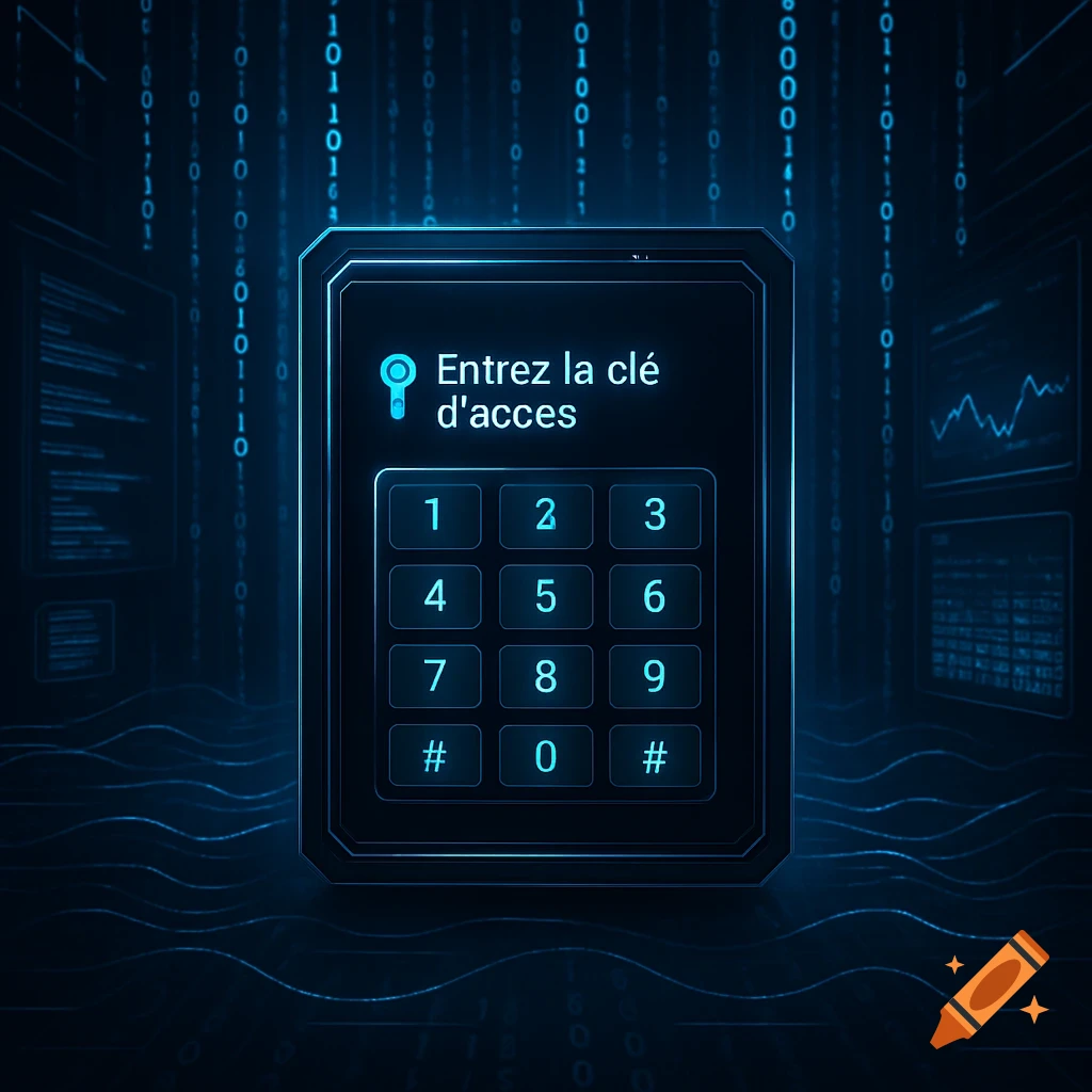 A glowing blue digital keypad with 'Entrez la clé d’accès' on a screen, set against a dark background of falling binary code.