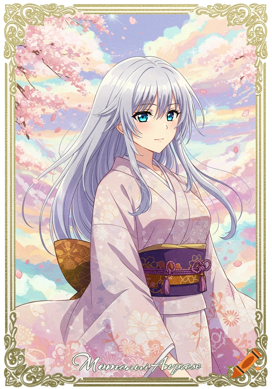 Anime girl with long silver hair and blue eyes in a pink floral kimono, surrounded by cherry blossoms, framed by a gold border.