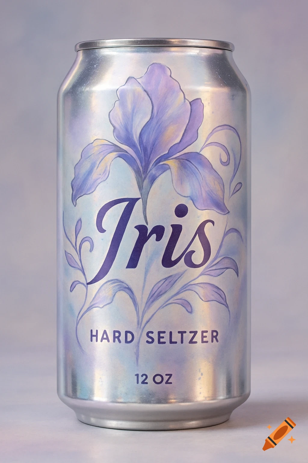 A silver hard seltzer can with a purple iris flower and the name 'Iris' printed on it, along with 'HARD SELTZER' and '12 OZ'.