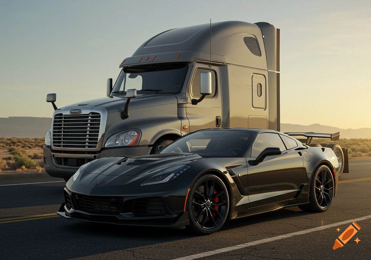 A grey Freightliner truck and a black Chevrolet Corvette ZR1 parked on a desert road at sunset, photorealistic.