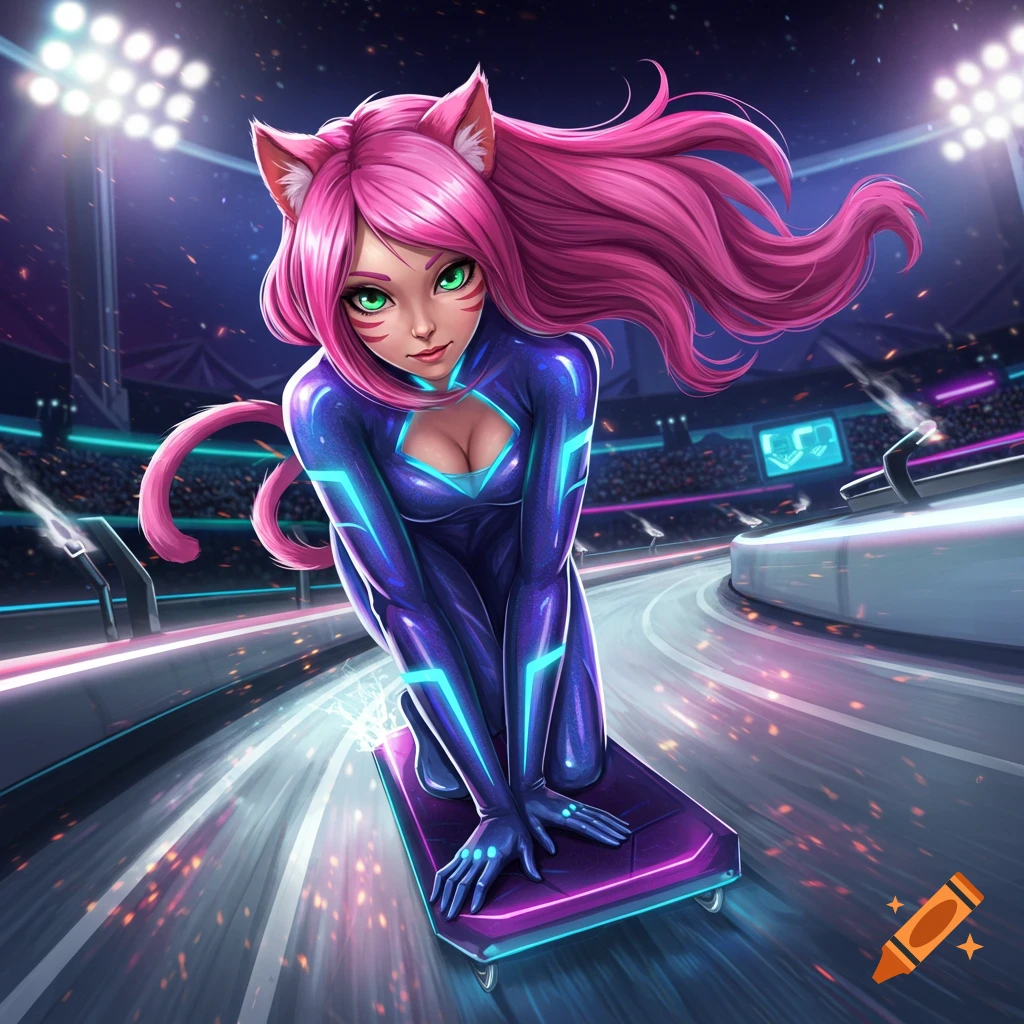 Anime catgirl with pink hair and green eyes in a glowing blue and purple suit, racing on a futuristic track.