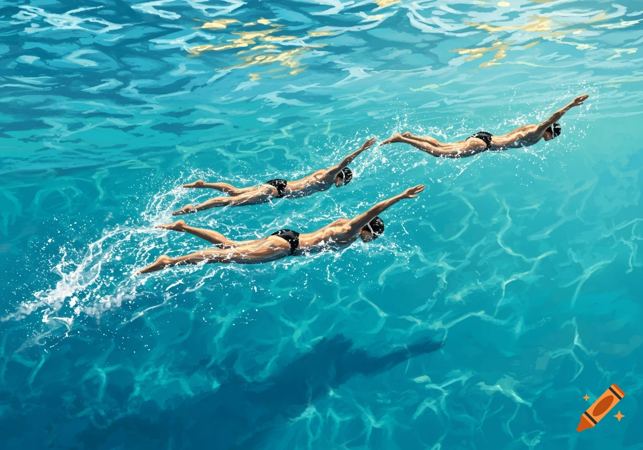 Three swimmers in black trunks glide through clear turquoise water, with light shimmering on the surface, in a stylized illustration.