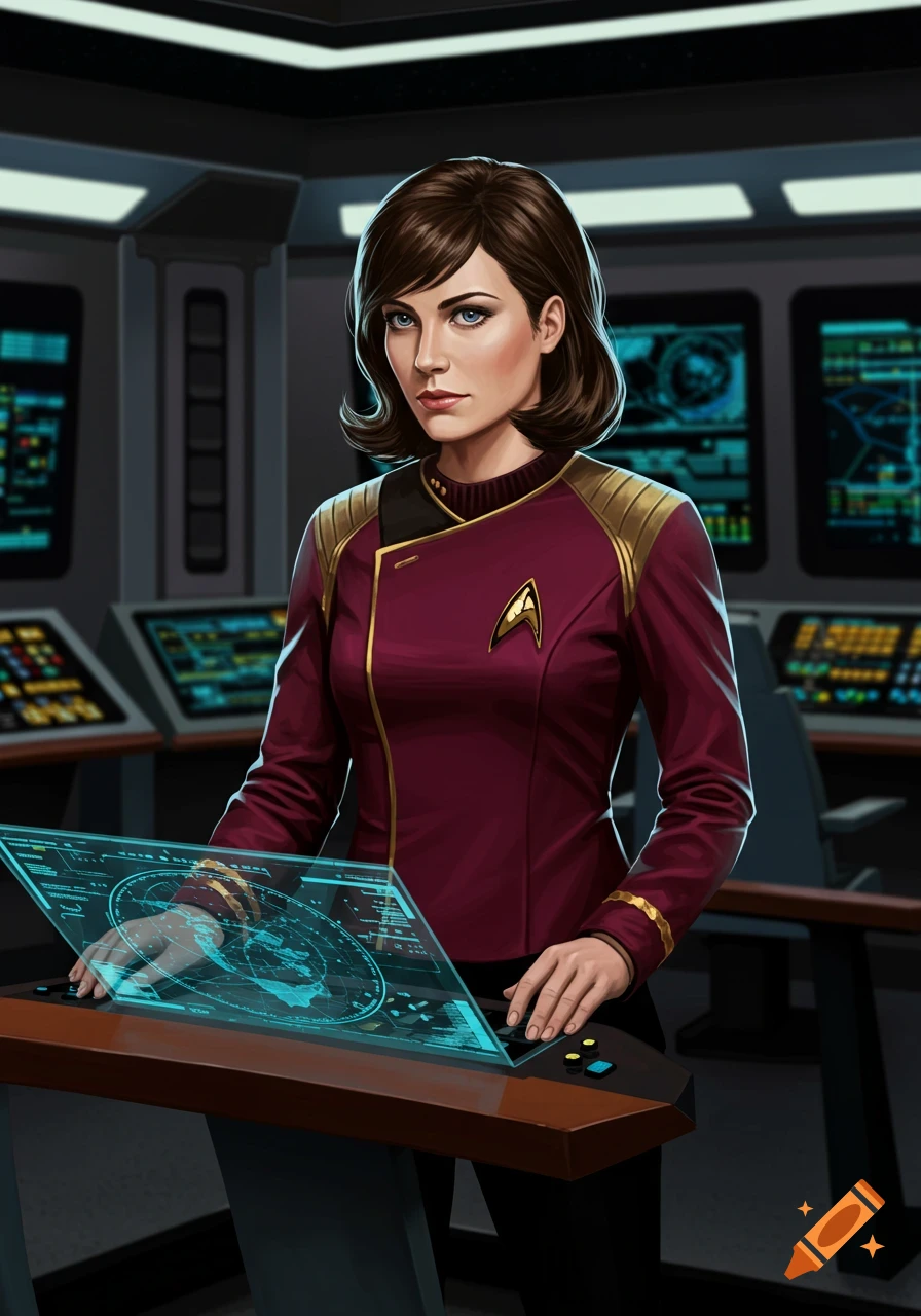 A woman with short brown hair in a maroon and gold Starfleet uniform stands on a spaceship bridge, interacting with a holographic display.