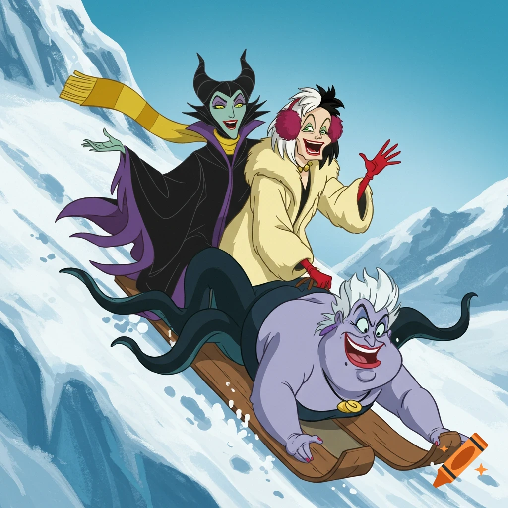 Maleficent, Cruella de Vil, and Ursula sledding down a snowy mountain in a cartoon style. Ursula is on her belly in front, with Maleficent and Cruella riding on her back. Maleficent and Cruella are laughing, while Ursula has a wide grin.
