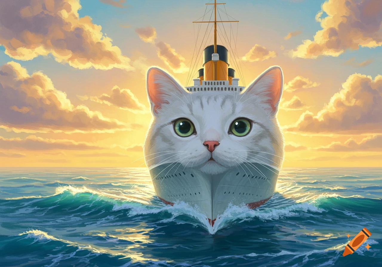 A cartoonish white cat face forms the front of a ship sailing on a blue, wavy ocean under a vibrant orange and blue sky.
