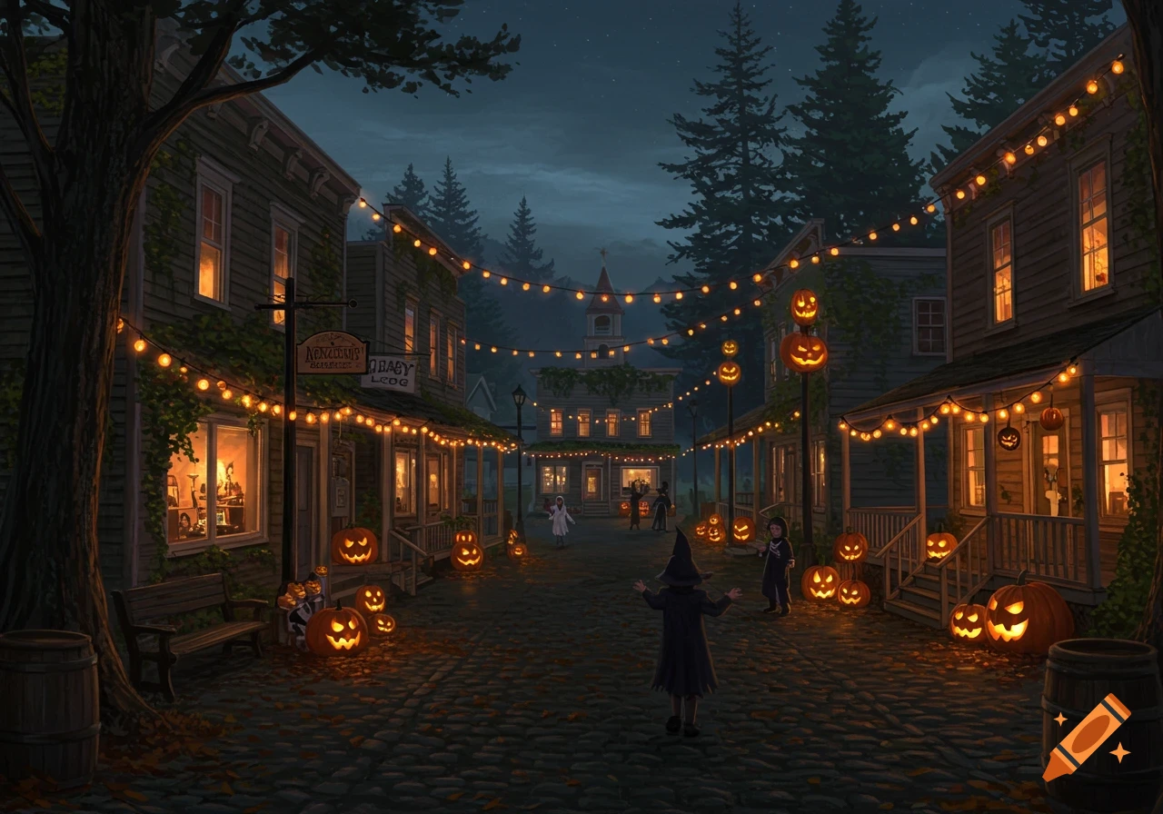Nighttime town street decorated for Halloween with string lights, glowing jack-o'-lanterns, and costumed children.