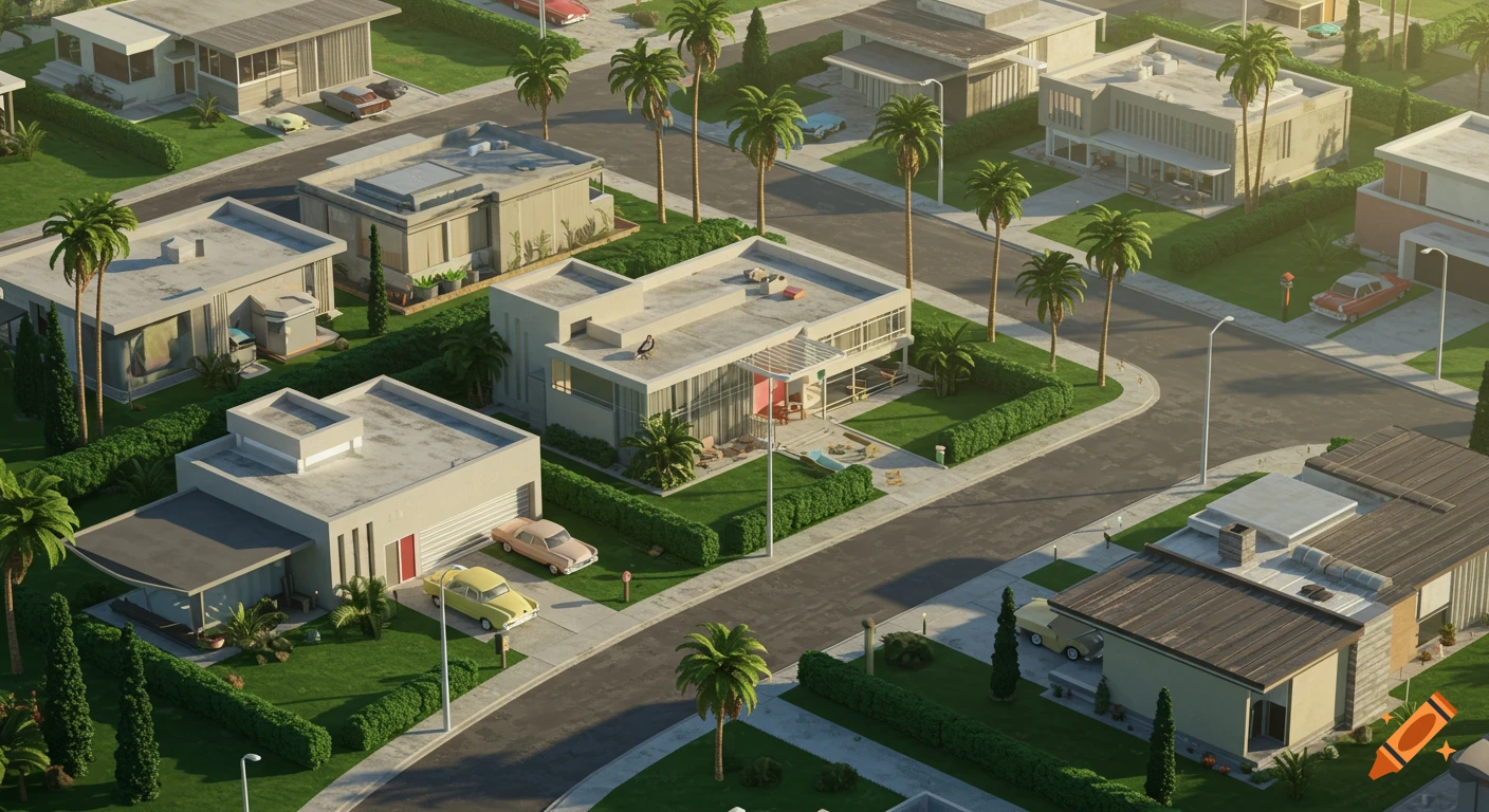 Hyper-realistic isometric view of a mid-century American neighborhood with modern houses, classic cars, and palm trees.
