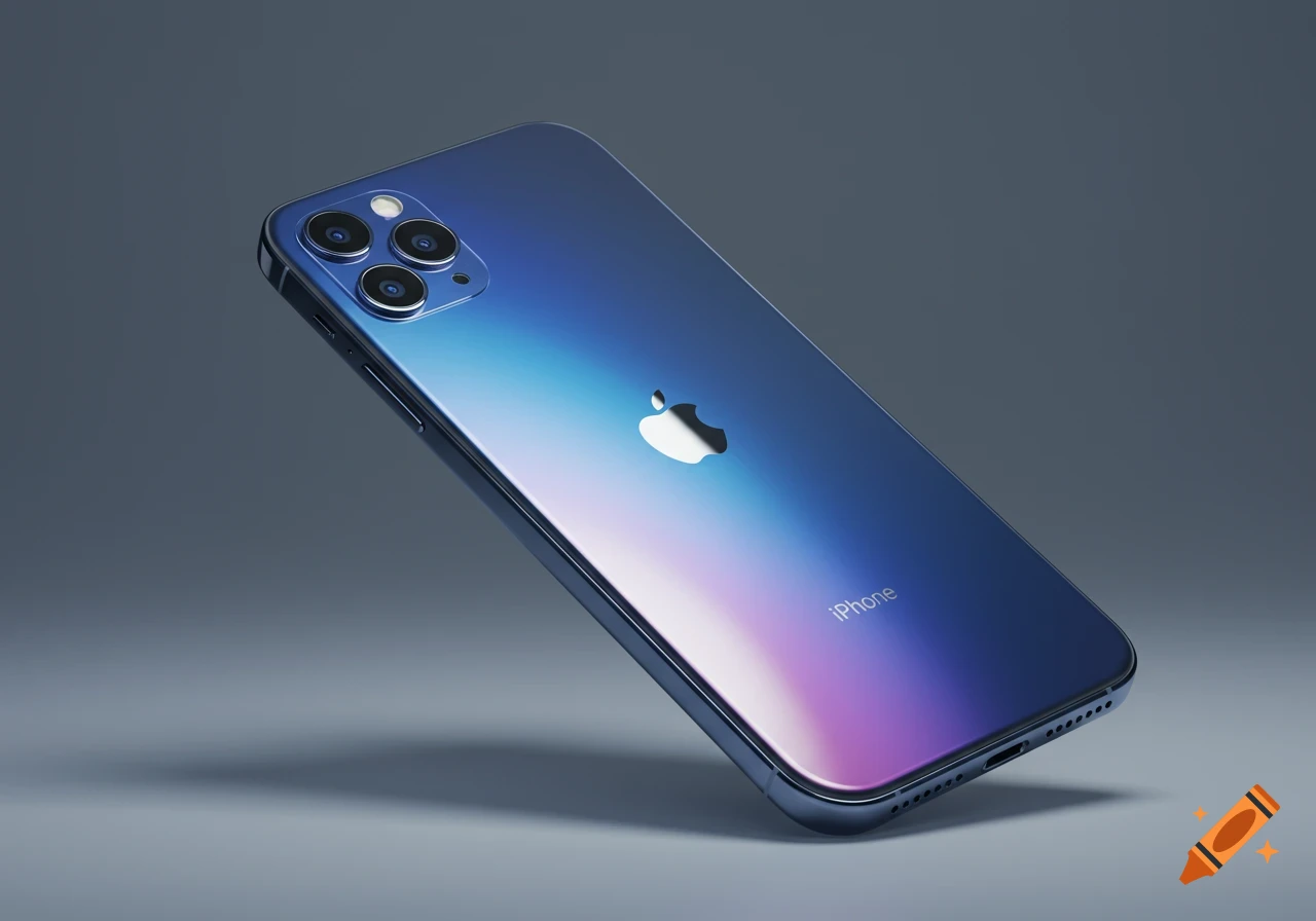 A futuristic blue iPhone with a shiny back and three camera lenses floats against a dark grey background.