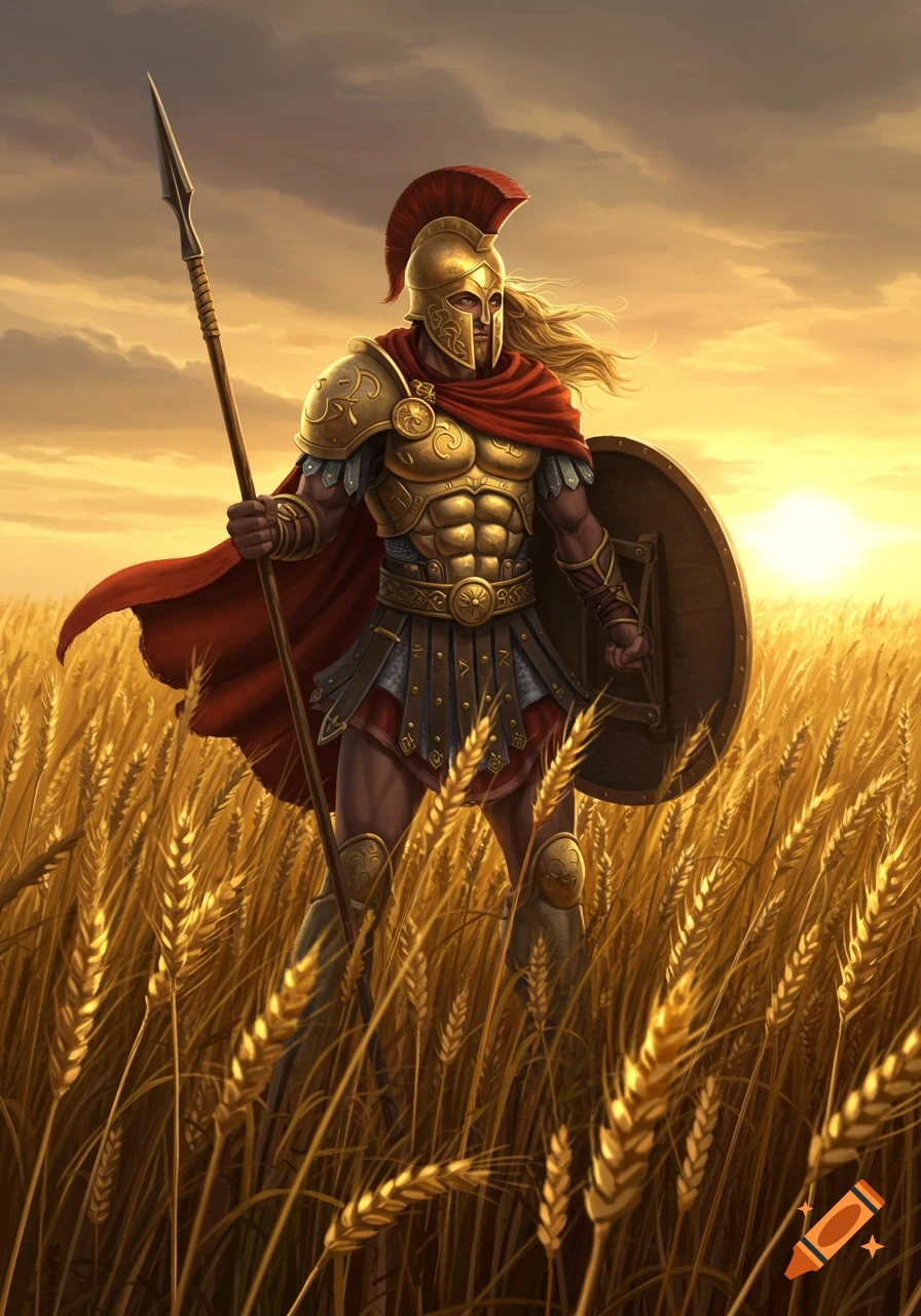 A Greek-Viking warrior in golden armor and red cape stands in a wheat field at sunset, holding a spear and shield.