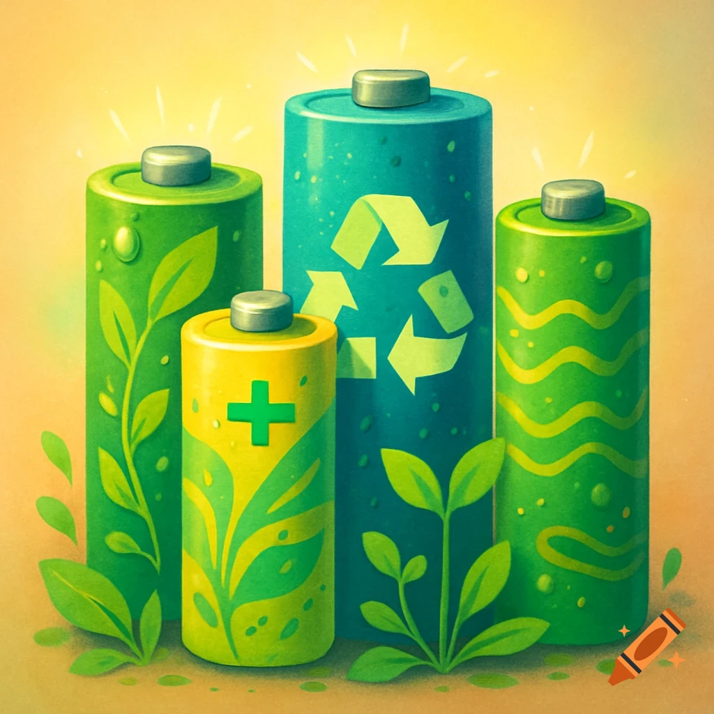 Stylized green and blue batteries with leaf patterns and a recycling symbol, against a warm background.