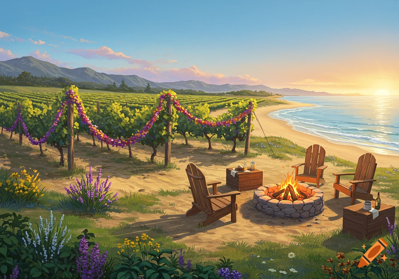 Vibrant illustration of a vineyard decorated with flowers beside a beach, featuring a campfire and Adirondack chairs at sunset.