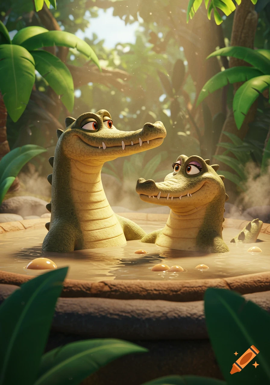 Two anthropomorphic cartoon crocodiles in love, relaxing in a mud hot tub in a lush jungle, 3D animation style.