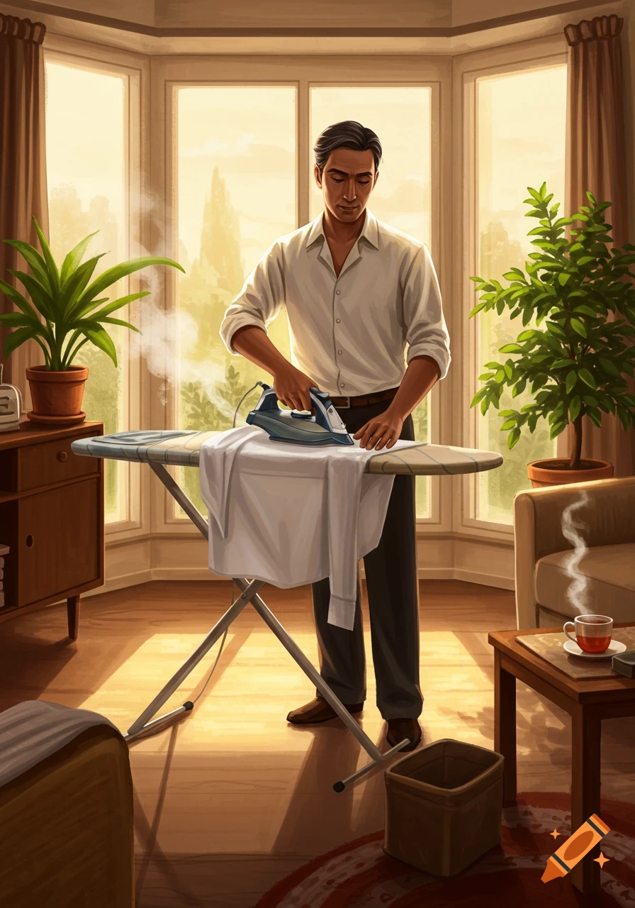 An illustration of a man ironing a white shirt on an ironing board in a sunlit room with potted plants and a couch.