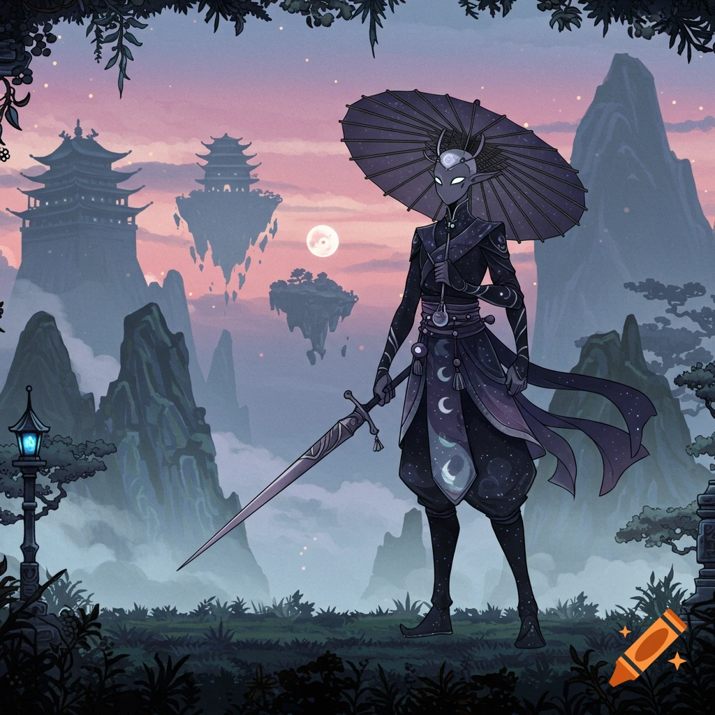 A masked character with a sword and umbrella stands in a fantastical landscape with floating Chinese temples and mountains at dusk, stylized illustration.