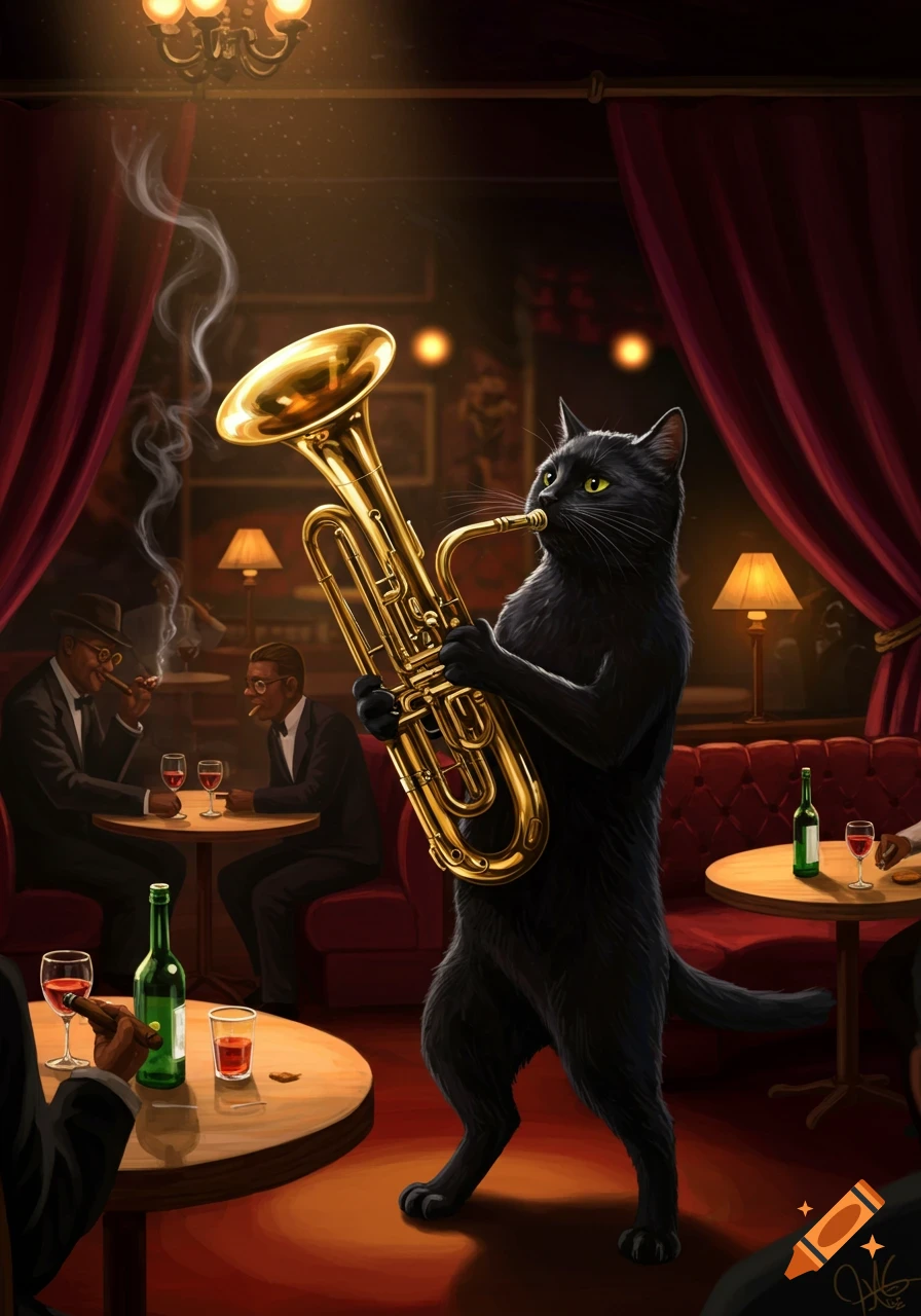A black cat stands in a dimly lit jazz club, playing a golden brass instrument, while other patrons smoke and drink.