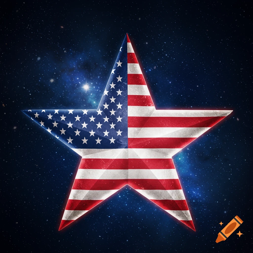 A star designed with the American flag, featuring stars and stripes, set against a dark blue starry night sky.
