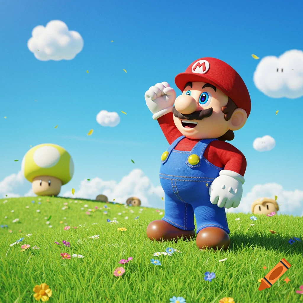 Mario stands on a lush green hill with colorful flowers under a bright blue sky, raising his fist triumphantly next to a Super Mushroom.