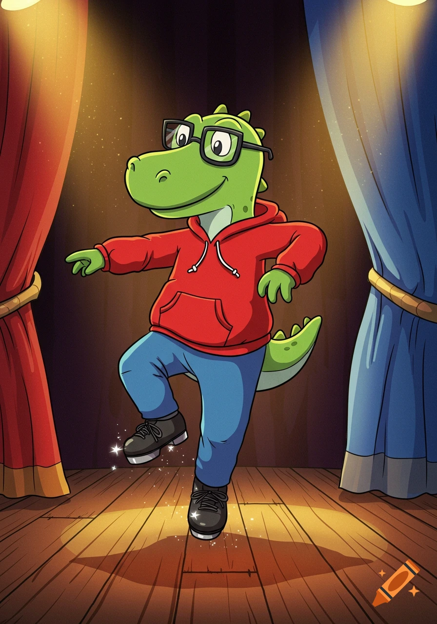 A cartoon green dinosaur in glasses, red hoodie, and blue pants tap dancing on a wooden stage with red and blue curtains.