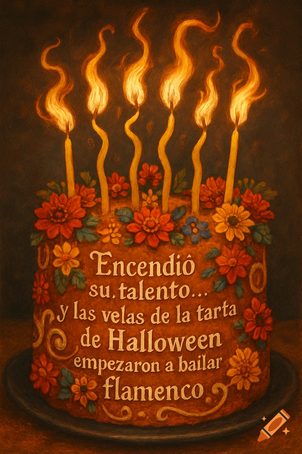 A Halloween cake decorated with colorful flowers and five lit, wavy candles. Text on the cake reads 'Encendió su.talento... y las velas de la tarta de Halloween empezaron a bailar flamenco'.