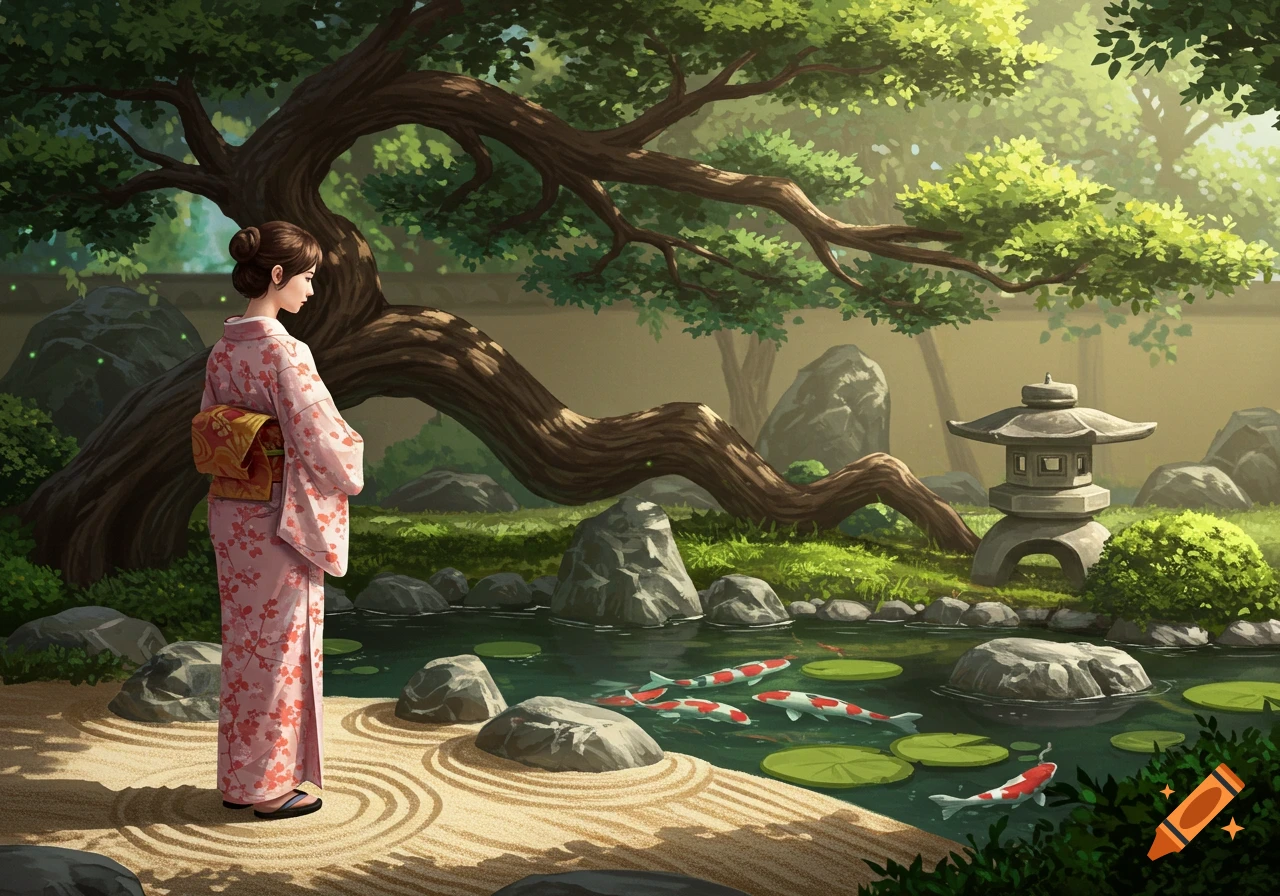 A woman in a pink floral kimono stands by a koi pond in a tranquil Japanese garden with a large tree and stone lantern.