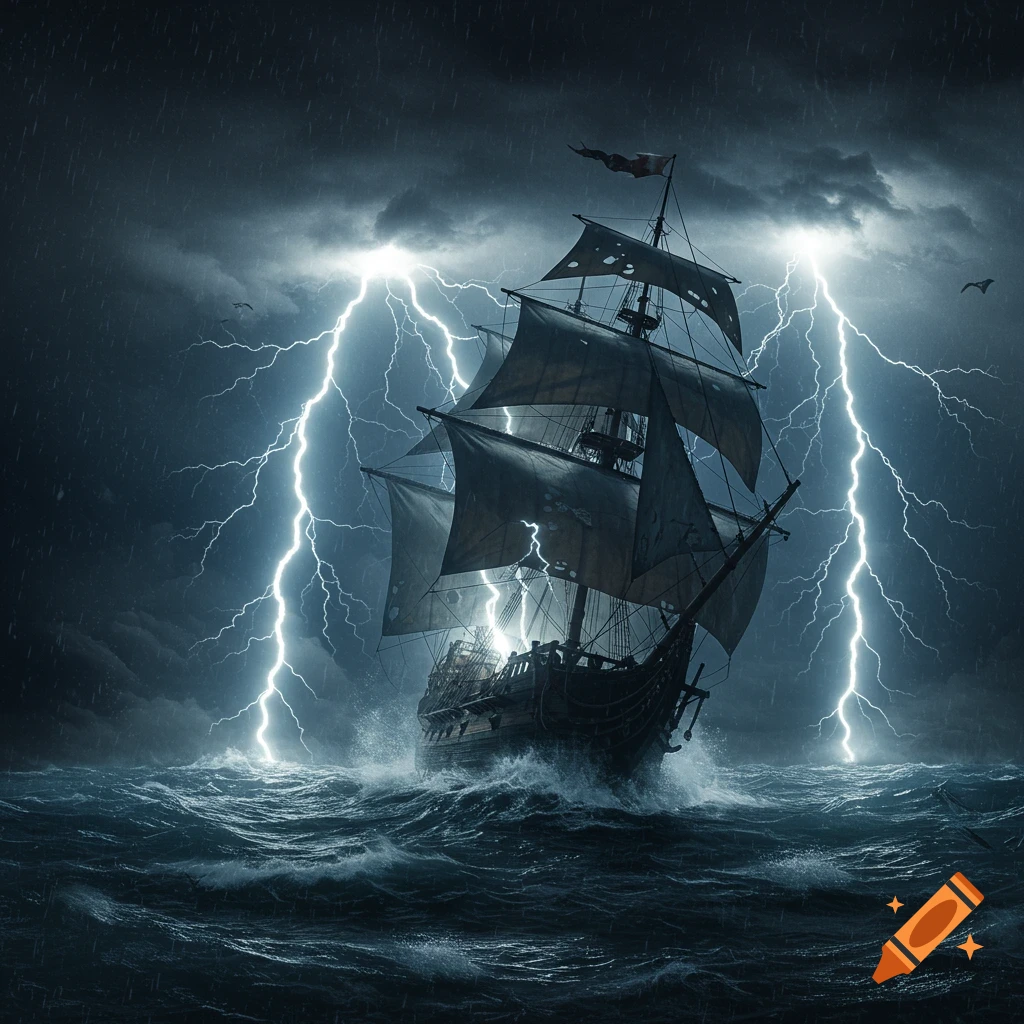 A tall ship with tattered sails in a stormy sea under a dark, lightning-filled sky, photorealistic.