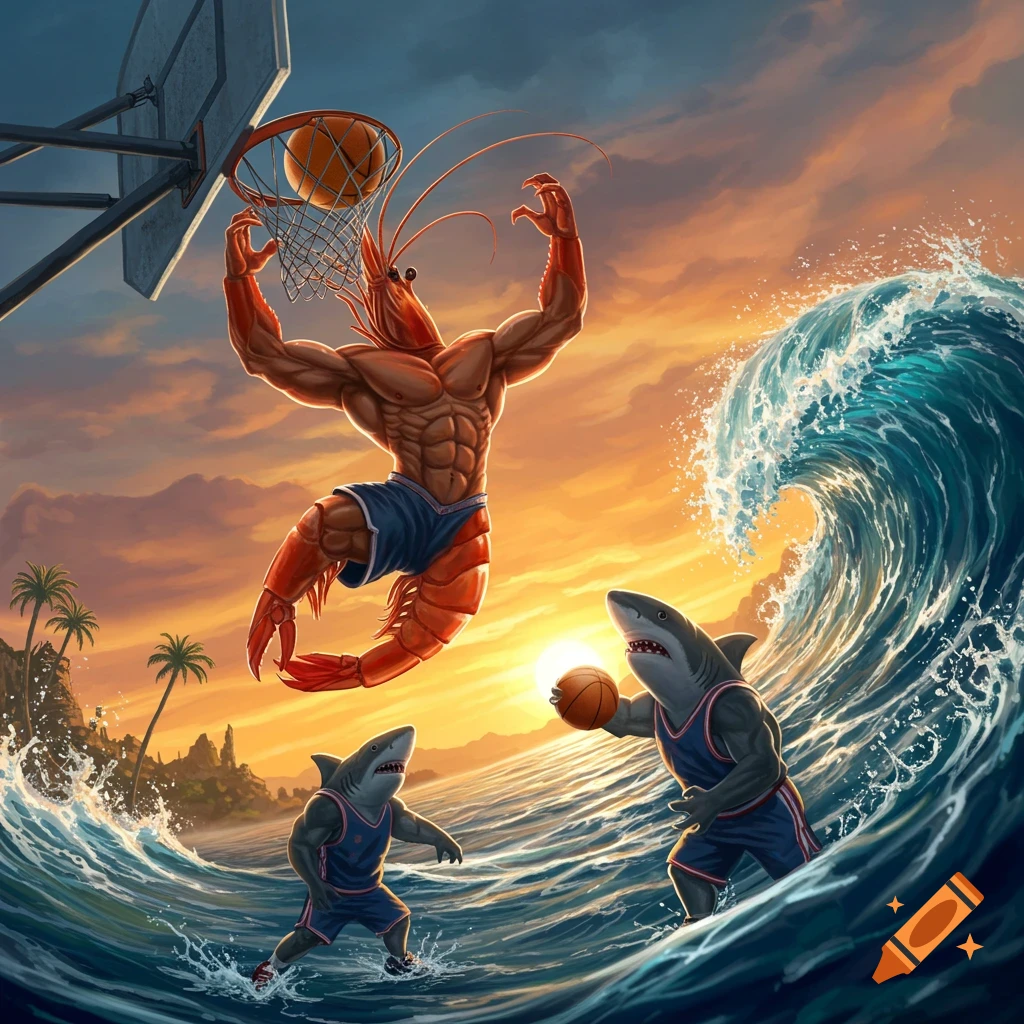 A muscular shrimp dunks a basketball over two sharks in an ocean wave at sunset, cartoon style.