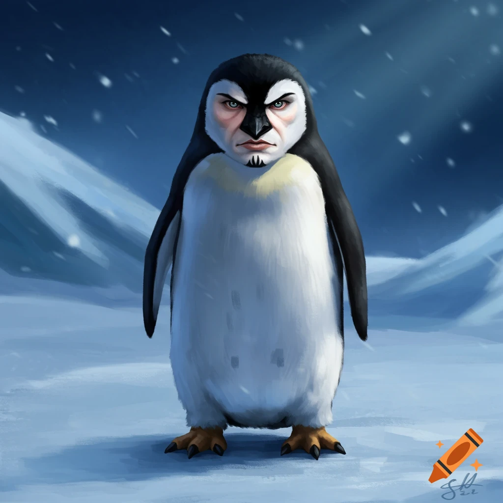 A digitally painted stern-faced penguin with a human-like jawline, standing in a snowy landscape with falling snow.