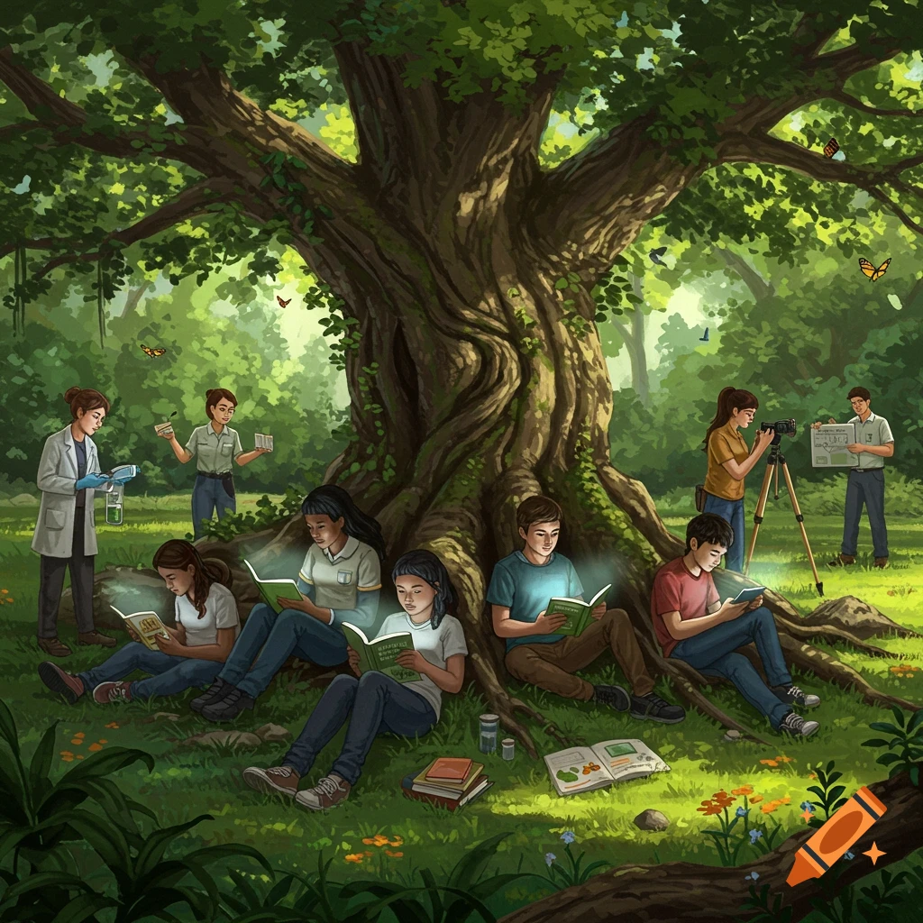 Students study and perform ecological field work, like lab experiments and photography, under a large tree in a forest.