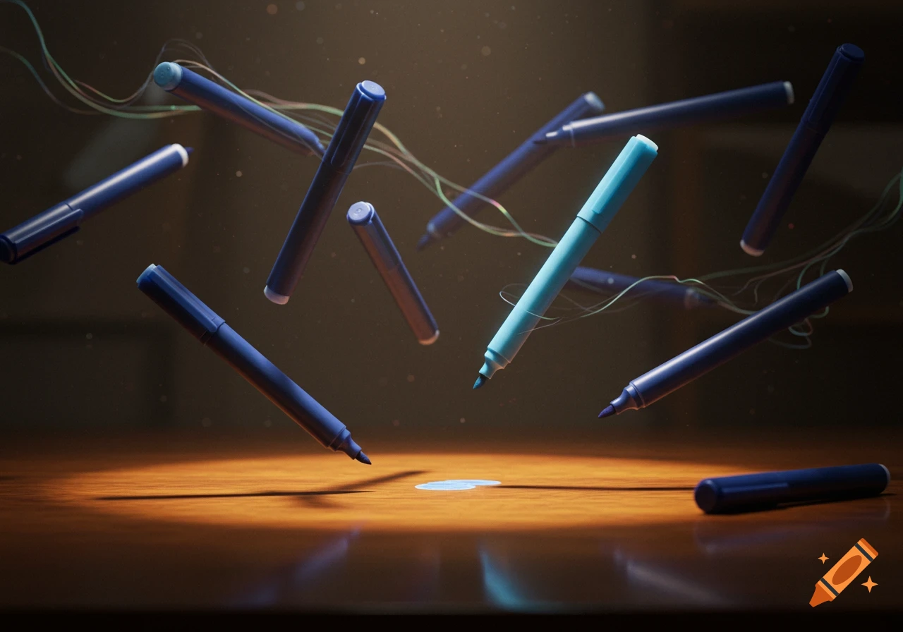 Dark blue and one light blue markers floating dramatically above a wooden surface with a blue ink stain.