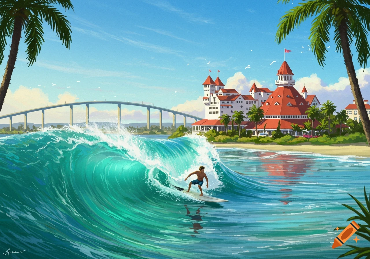 Surfer rides a large teal wave with the Hotel del Coronado and Coronado Bridge in the sunny background, illustrated in a vibrant, painterly style.