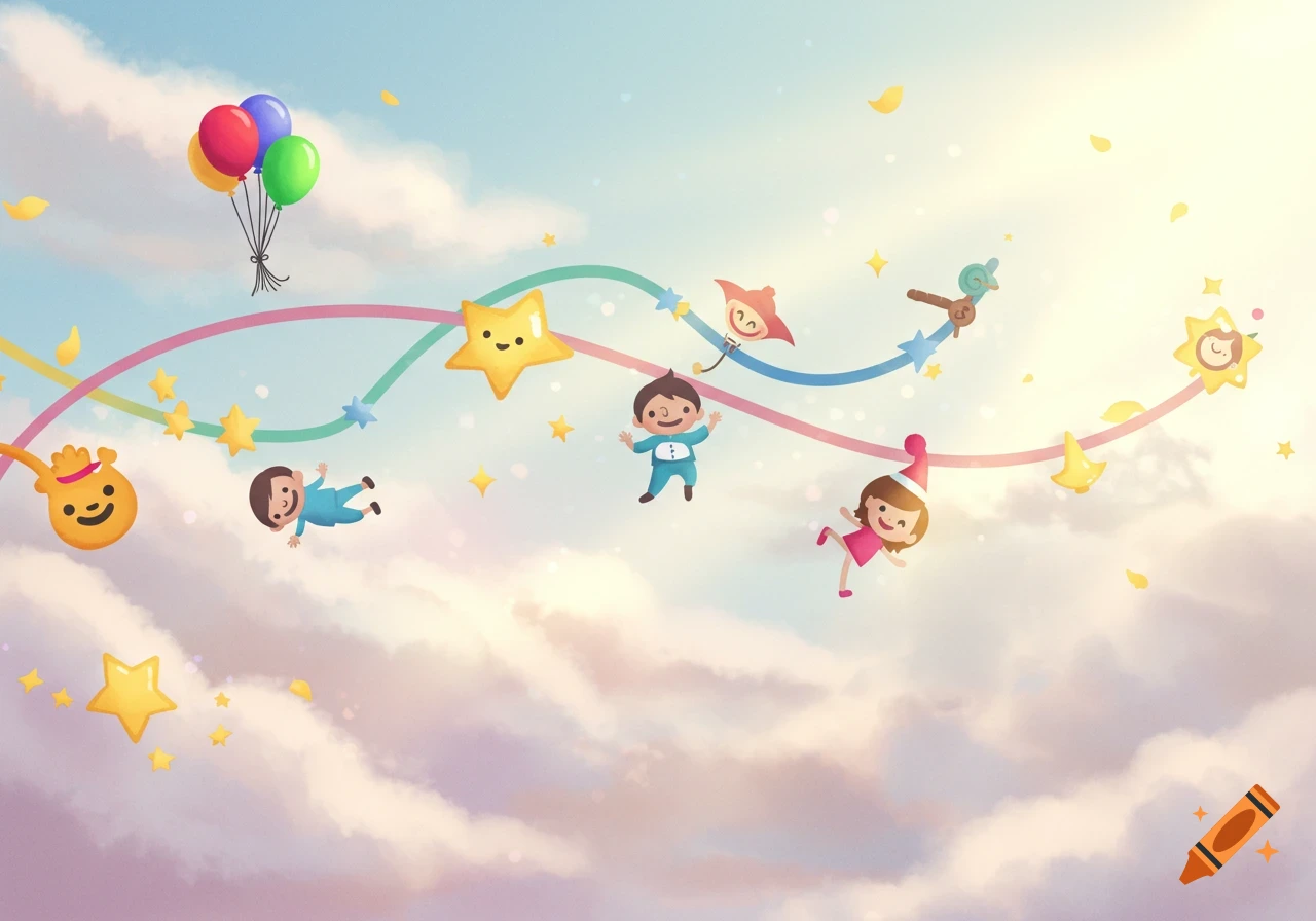 Happy cartoon children float in a cloudy sky with colorful balloons, stars, and wavy ribbons.