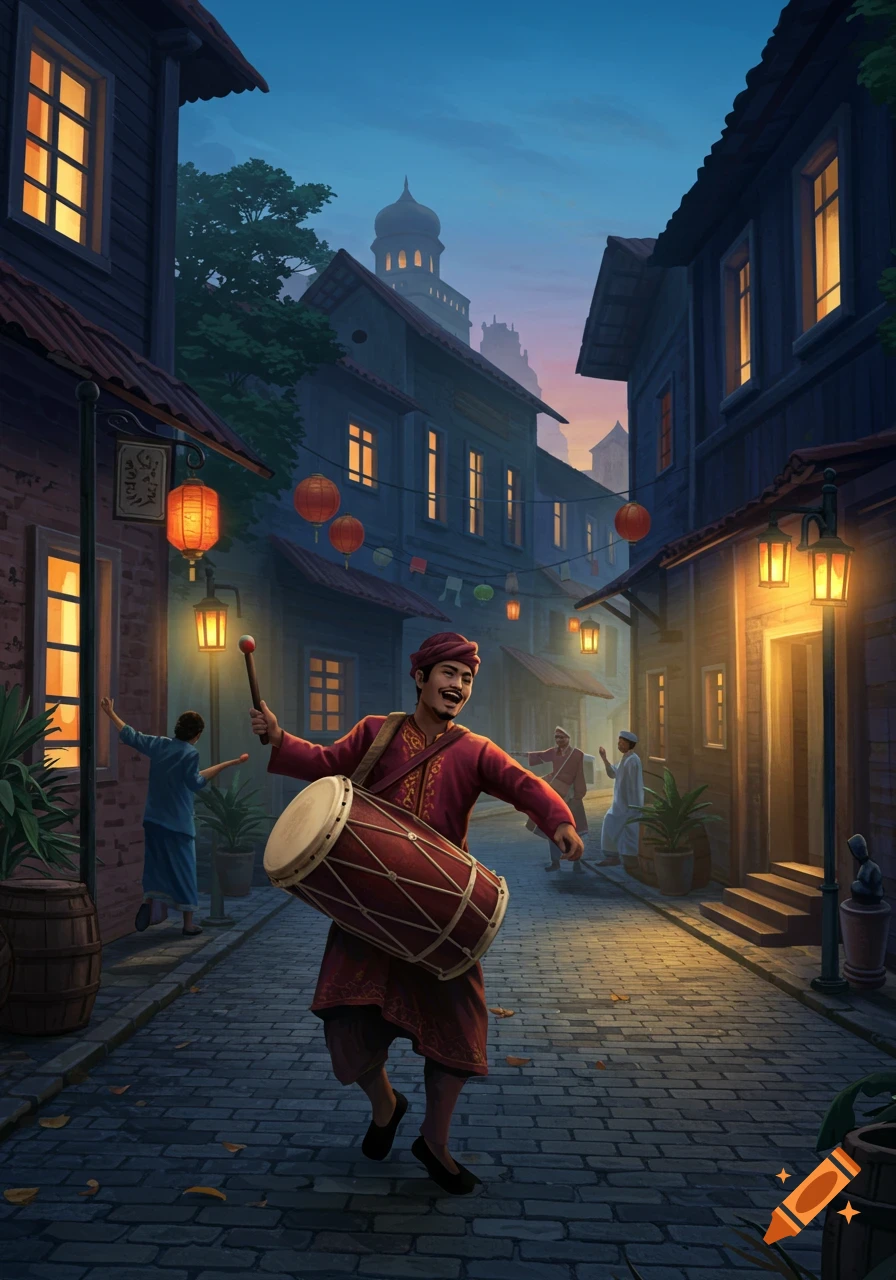A man in traditional red attire joyfully plays a large drum while walking down a narrow, lantern-lit street at dusk, with other people and buildings in the background.