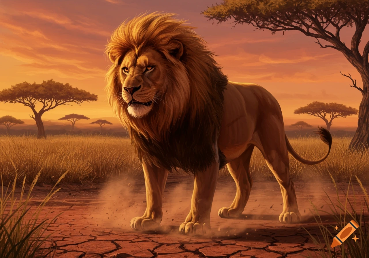 A majestic lion stands on cracked earth in a savanna at sunset, with acacia trees in the background. Stylized art.