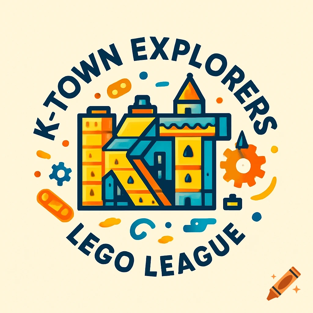 A colorful logo for "K-TOWN EXPLORERS LEGO LEAGUE" featuring blocky, stylized buildings shaped like a 'K' with scattered gears and shapes.
