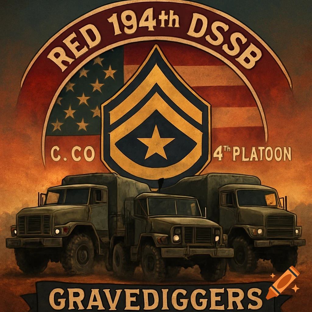 Military emblem with a chevron, US flag, and text 'RED 194th DSSB C. CO 4th PLATOON' over three military trucks, with 'GRAVEDIGGERS' below.