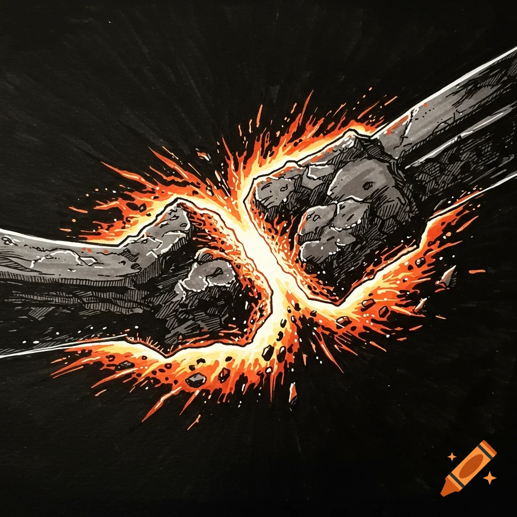 Two stylized rocky fists collide in a fiery explosion against a dark background, in an Inktober-style illustration.