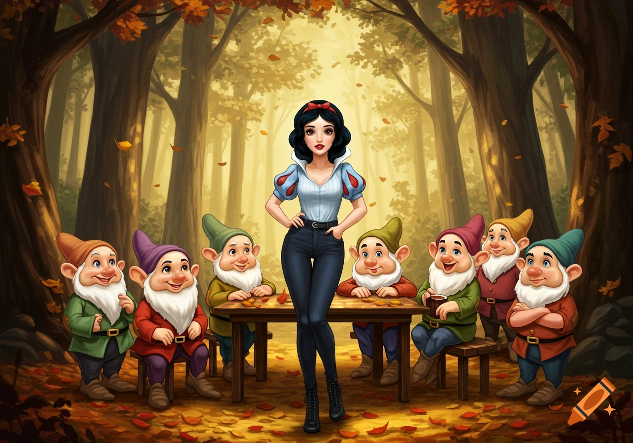 Snow White in modern clothes with seven smiling dwarfs in an autumn forest.