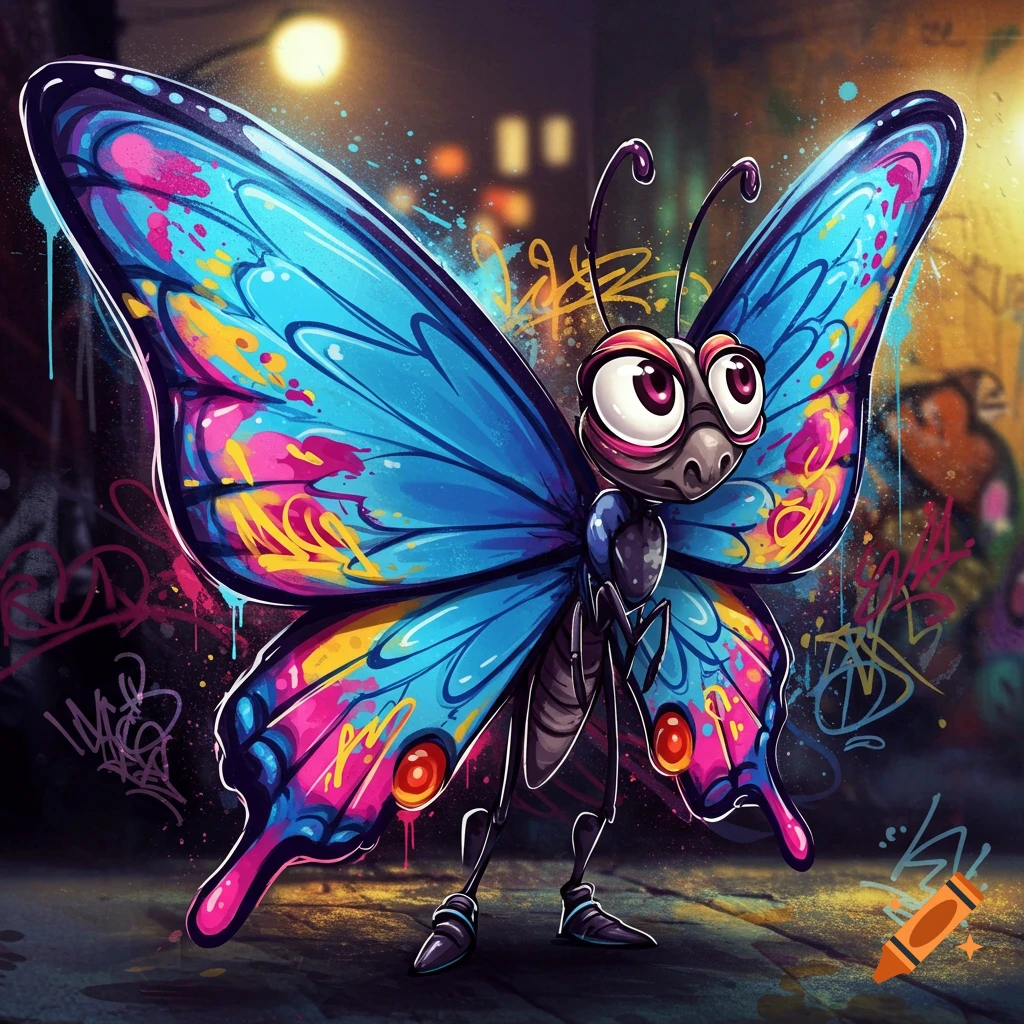 A vibrant, big-eyed cartoon butterfly with blue, pink, and yellow wings stands in front of a colorful graffiti-covered wall.