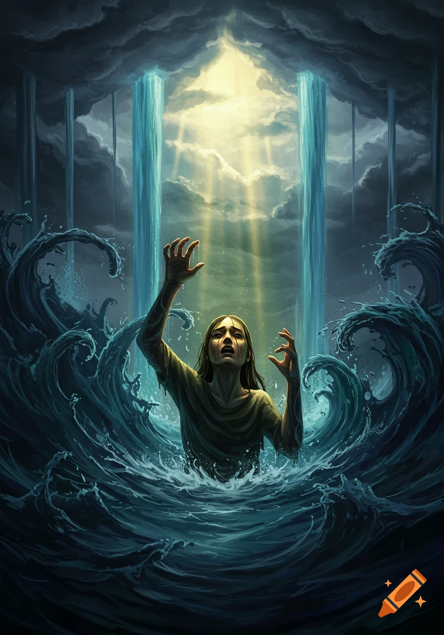 Distressed person drowning in turbulent dark water, reaching up towards a beam of light breaking through stormy clouds, dramatic illustration.