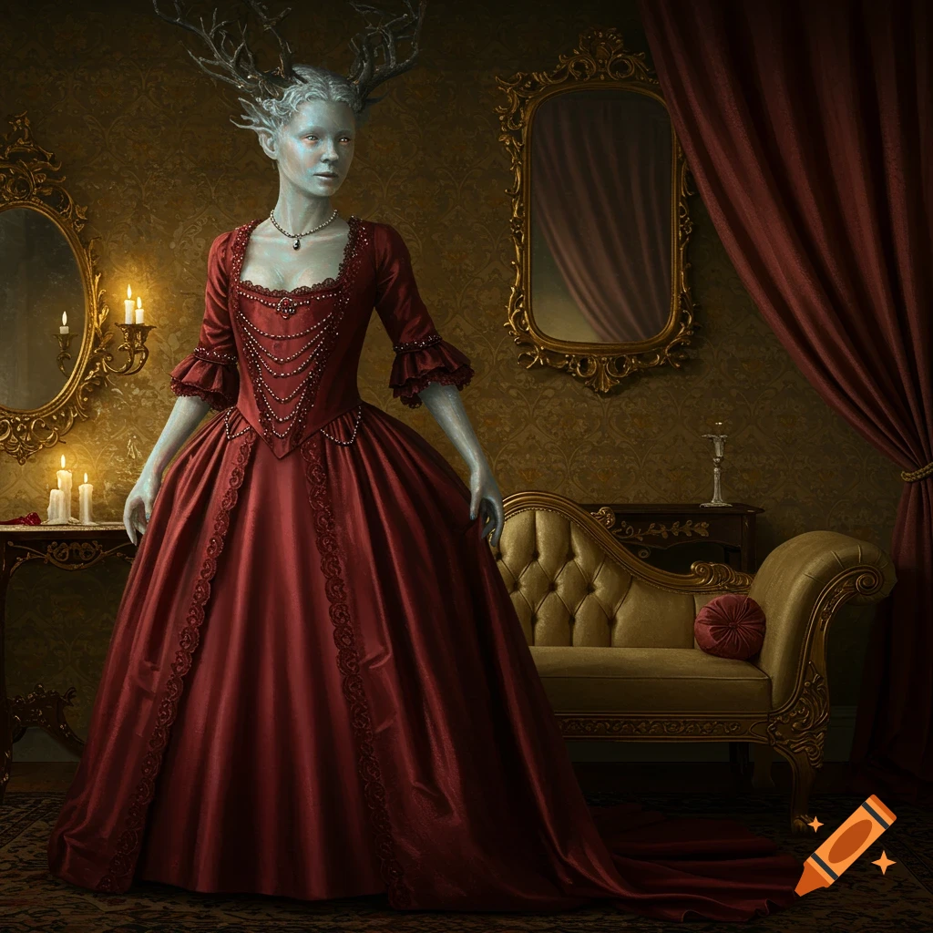 A pale woman with antlers, wearing an elaborate red 18th-century gown, stands in a dimly lit, ornate room.