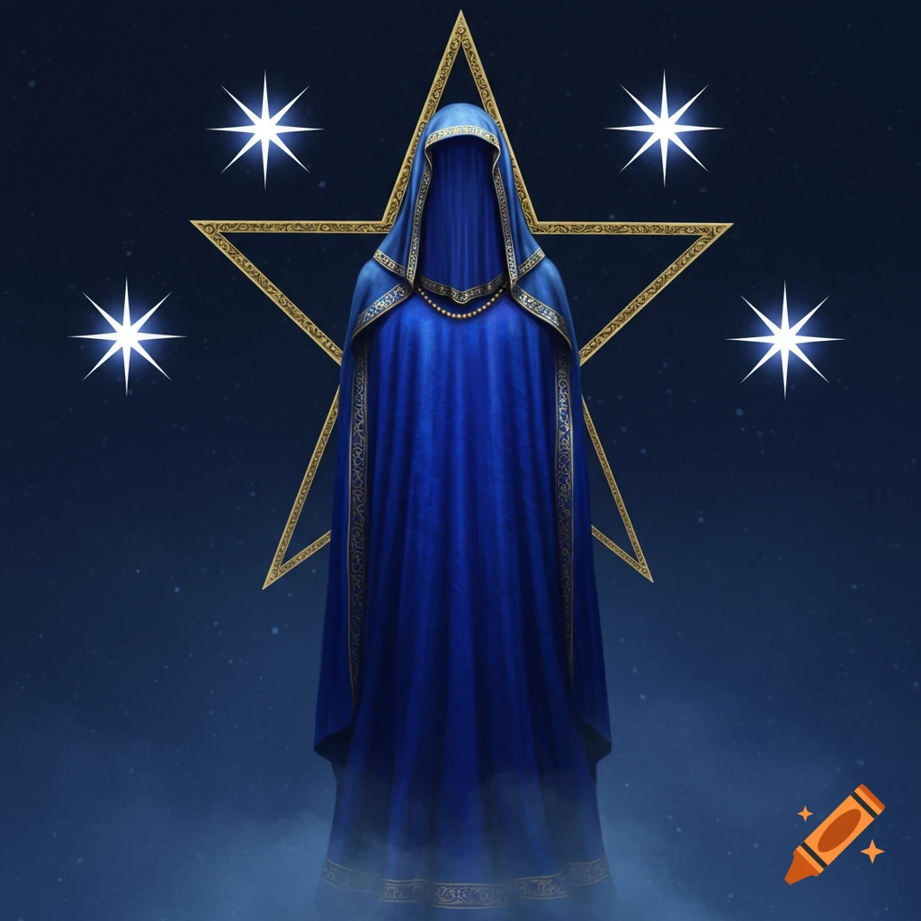 A mysterious figure in a blue and gold robe with a concealed face ...