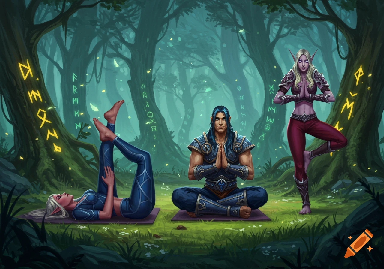 Three Warcraft-style elves practice yoga in a mystical forest with glowing runes on trees. One woman lies on her back, another man sits cross-legged, and a third woman stands on one leg.