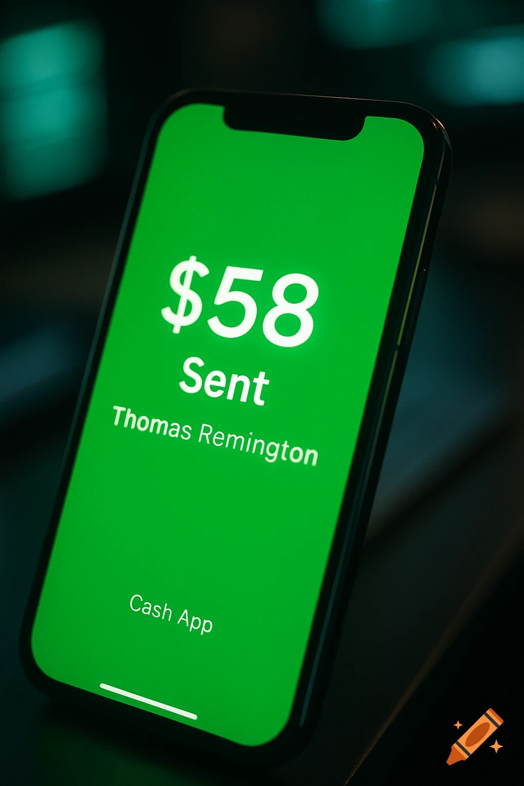 Smartphone screen showing a green Cash App payment confirmation for $58 sent to Thomas Remington.