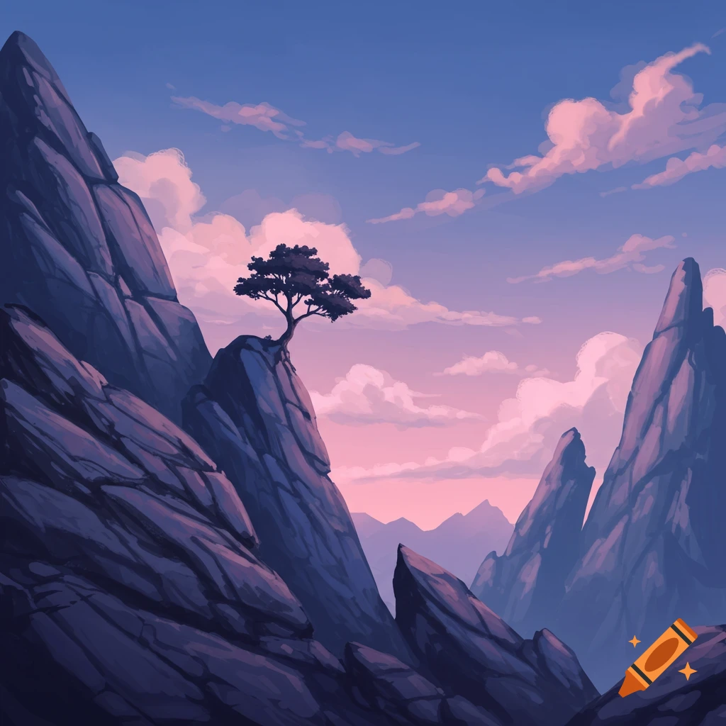 A stylized landscape painting of dark rocky mountains with a lone tree, set against a pink and blue twilight sky with clouds.