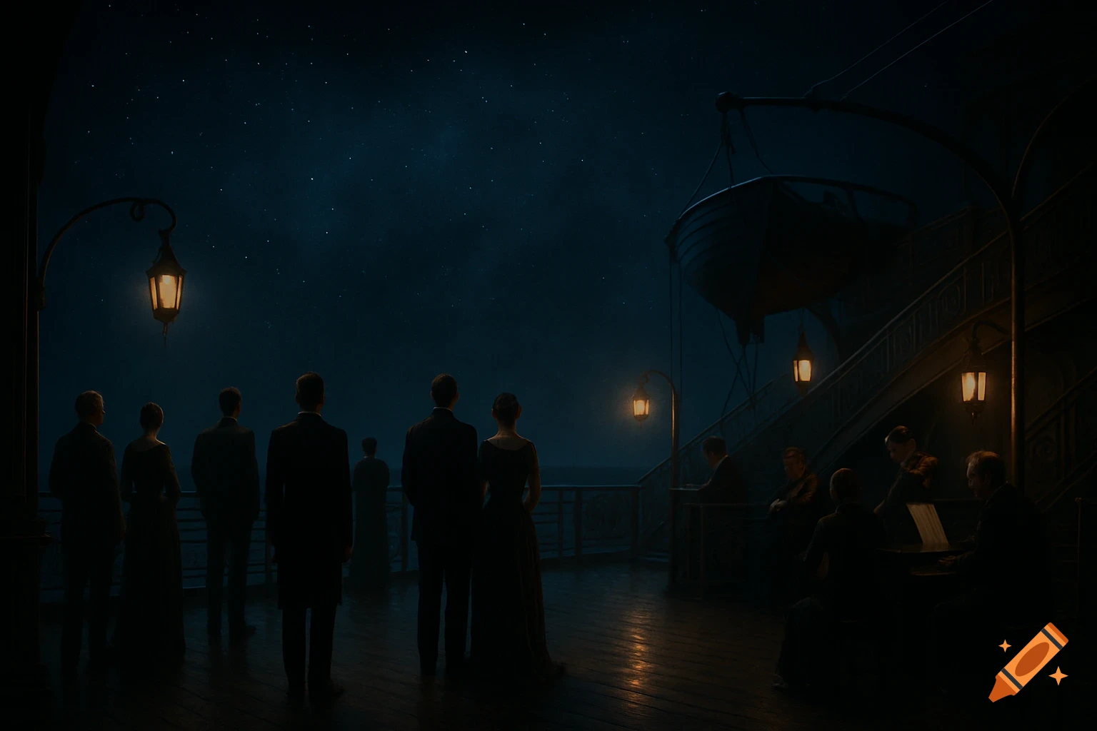 Passengers in formal wear on a ship deck at night, gazing at a starry sky, with lanterns and a lifeboat visible.